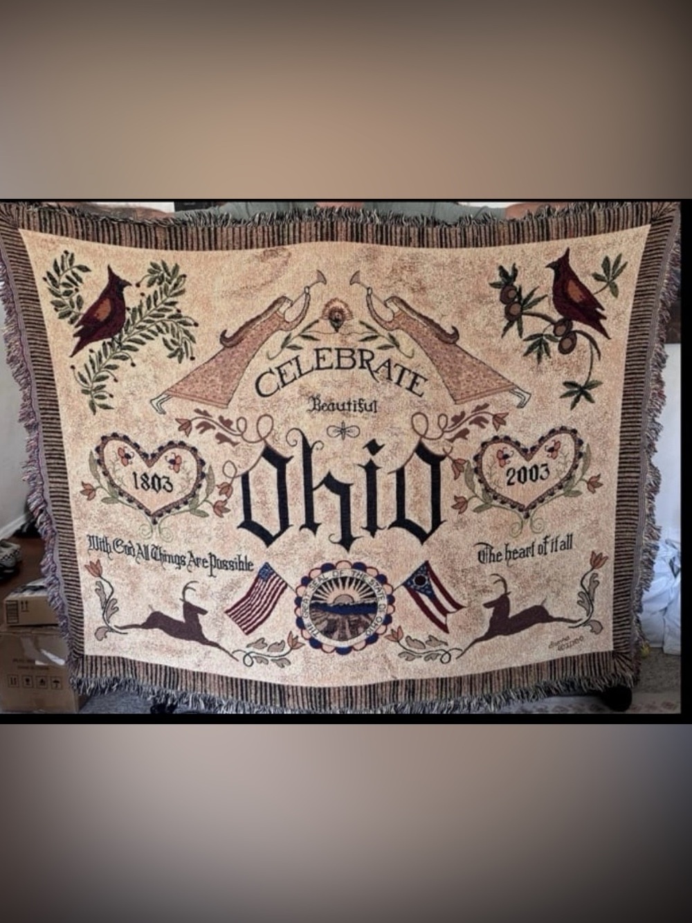 Vintage large Ohio State blanket patriotic 2003 tapestry, throw blanket, angels